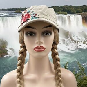 Beau Chapeau Hat Shop Embroidered
Floral Cadet Cap Tan Military Style
Adjustable